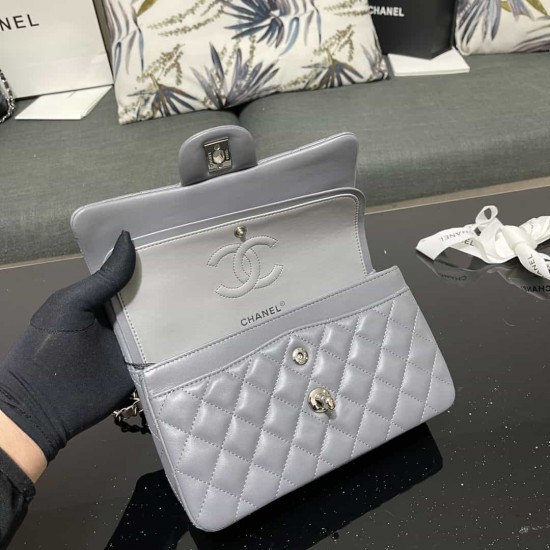 CHANEL SMALL CLASSIC FLAP HANDBAG Lambskin & Silver-Tone Metal Grey A01113