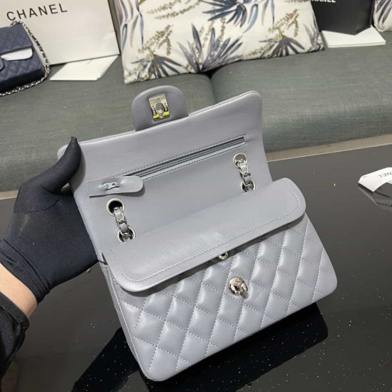 CHANEL SMALL CLASSIC FLAP HANDBAG Lambskin & Silver-Tone Metal Grey A01113