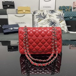 CHANEL SMALL CLASSIC FLAP HANDBAG Lambskin & Silver-Tone Metal Red A01113