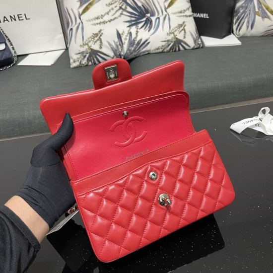 CHANEL SMALL CLASSIC FLAP HANDBAG Lambskin & Silver-Tone Metal Red A01113