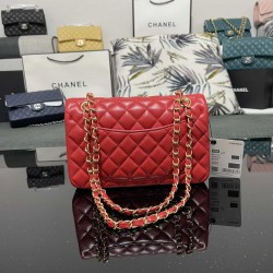 CHANEL SMALL CLASSIC FLAP HANDBAG Lambskin & Gold-Tone Metal Red A01113