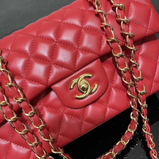 CHANEL SMALL CLASSIC FLAP HANDBAG Lambskin & Gold-Tone Metal Red A01113