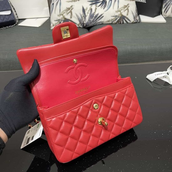 CHANEL SMALL CLASSIC FLAP HANDBAG Lambskin & Gold-Tone Metal Red A01113