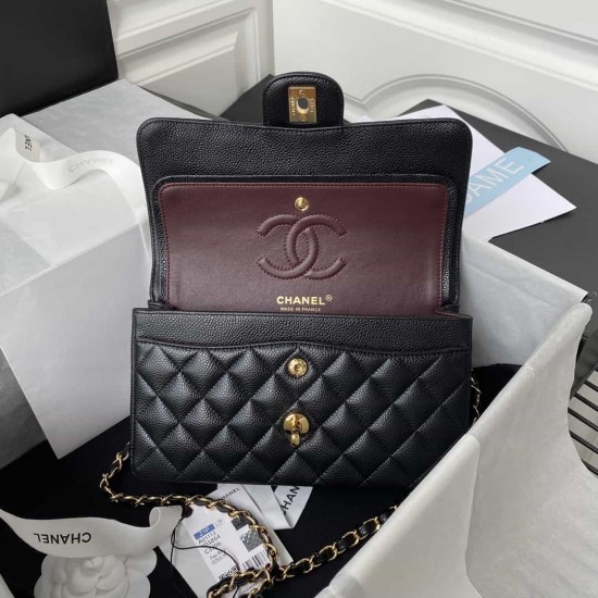 CHANEL SMALL CLASSIC FLAP HANDBAG Grained Calfskin & Gold-Tone Metal Black A01113