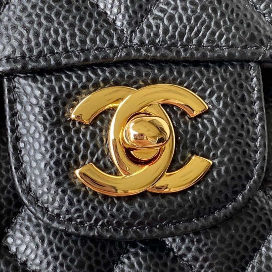 CHANEL SMALL CLASSIC FLAP HANDBAG Grained Calfskin & Gold-Tone Metal Black A01113